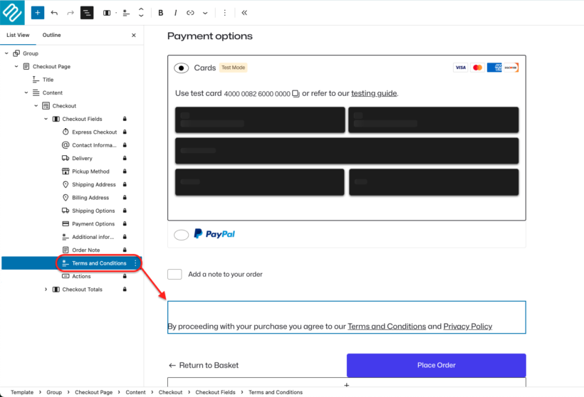 Add Terms and Conditions to the block theme checkout template